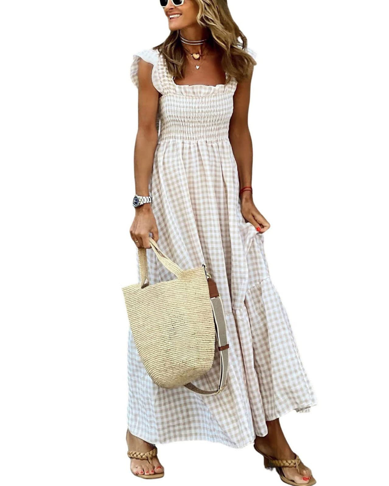Rona Robe Maxi Femme – Col Carré Bretelles Fines Carreaux, Coupe A-Line & Dos Smocké avec Poches