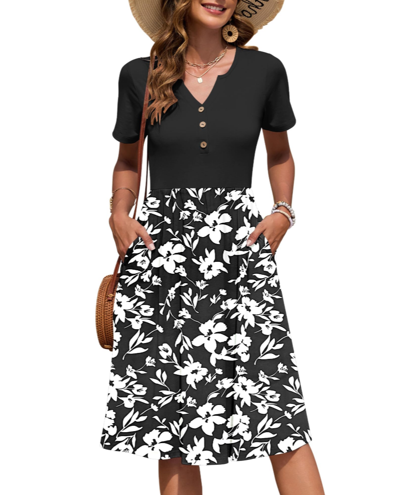Ester Robe Femme – Robe Été Mi-Longue Col V Manches Courtes Boutonnée Taille Empire Poches