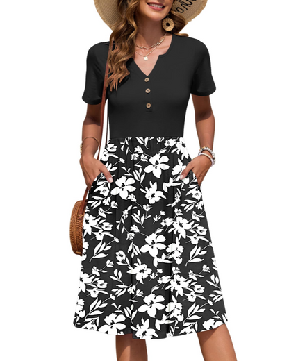 Ester Robe Femme – Robe Été Mi-Longue Col V Manches Courtes Boutonnée Taille Empire Poches