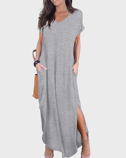 Rosenda Robe Maxi Femme – Col V Manches Courtes, Coupe Fluide & Fente avec Poches Été