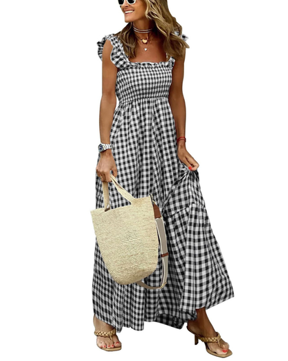 Rona Robe Maxi Femme – Col Carré Bretelles Fines Carreaux, Coupe A-Line & Dos Smocké avec Poches