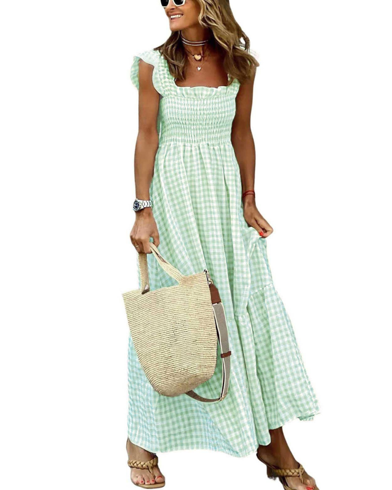 Rona Robe Maxi Femme – Col Carré Bretelles Fines Carreaux, Coupe A-Line & Dos Smocké avec Poches