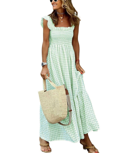 Rona Robe Maxi Femme – Col Carré Bretelles Fines Carreaux, Coupe A-Line & Dos Smocké avec Poches