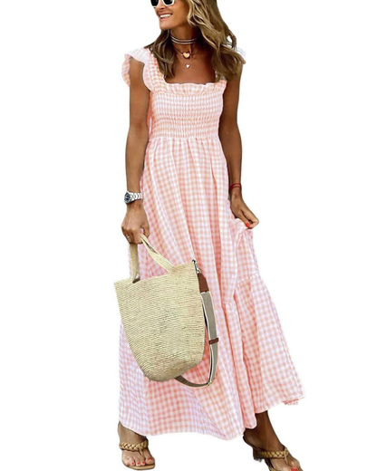 Rona Robe Maxi Femme – Col Carré Bretelles Fines Carreaux, Coupe A-Line & Dos Smocké avec Poches