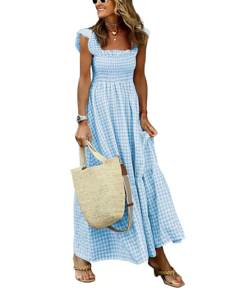 Rona Robe Maxi Femme – Col Carré Bretelles Fines Carreaux, Coupe A-Line & Dos Smocké avec Poches