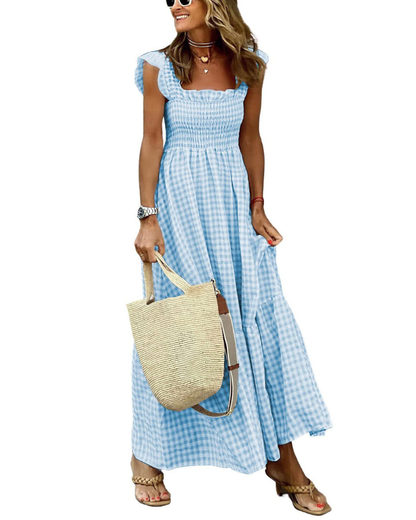 Rona Robe Maxi Femme – Col Carré Bretelles Fines Carreaux, Coupe A-Line & Dos Smocké avec Poches