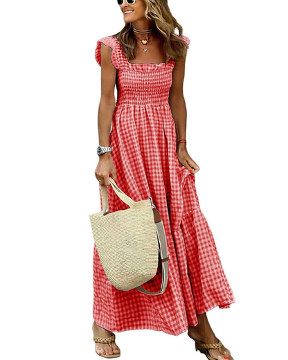 Rona Robe Maxi Femme – Col Carré Bretelles Fines Carreaux, Coupe A-Line & Dos Smocké avec Poches