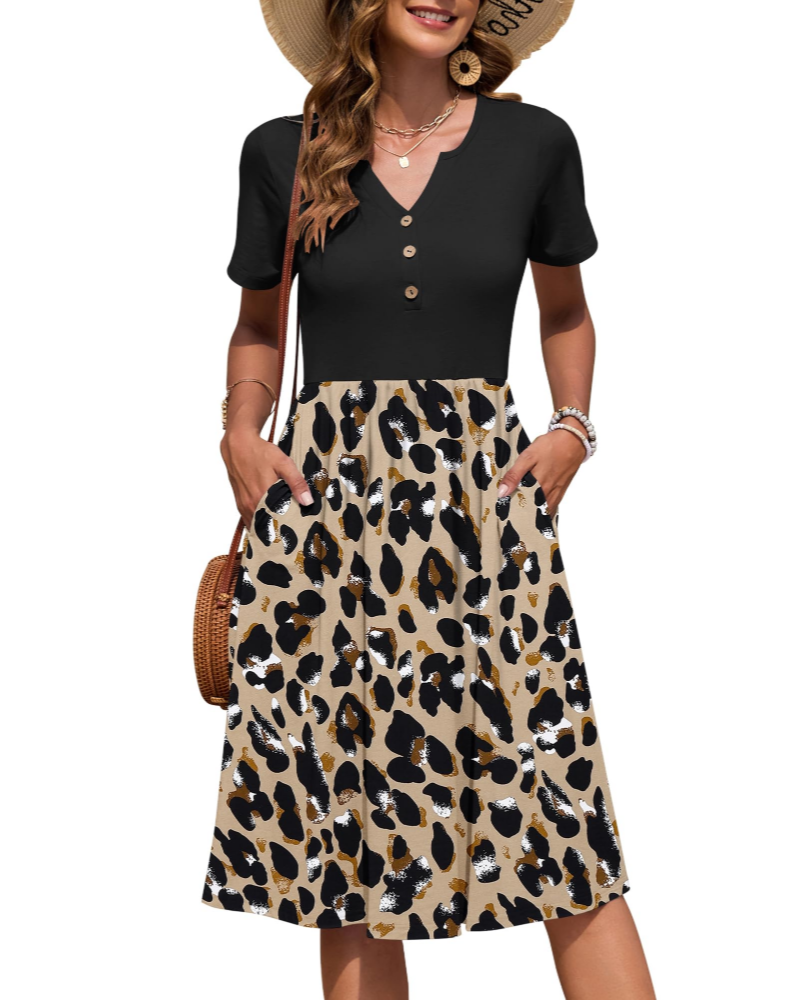 Ester Robe Femme – Robe Été Mi-Longue Col V Manches Courtes Boutonnée Taille Empire Poches
