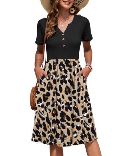 Ester Robe Femme – Robe Été Mi-Longue Col V Manches Courtes Boutonnée Taille Empire Poches