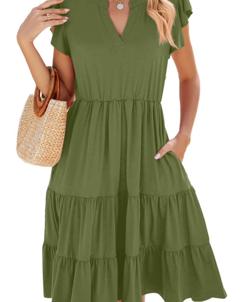 Robe Midi Femme en tissu léger, col V, coupe fluide – Menvelo