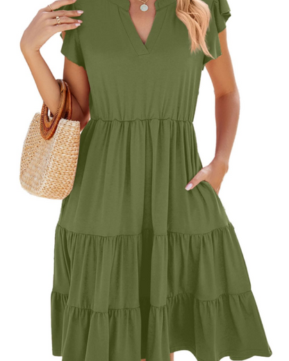 Robe Midi Femme en tissu léger, col V, coupe fluide – Menvelo