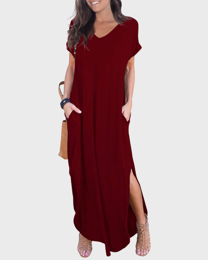 Rosenda Robe Maxi Femme – Col V Manches Courtes, Coupe Fluide & Fente avec Poches Été