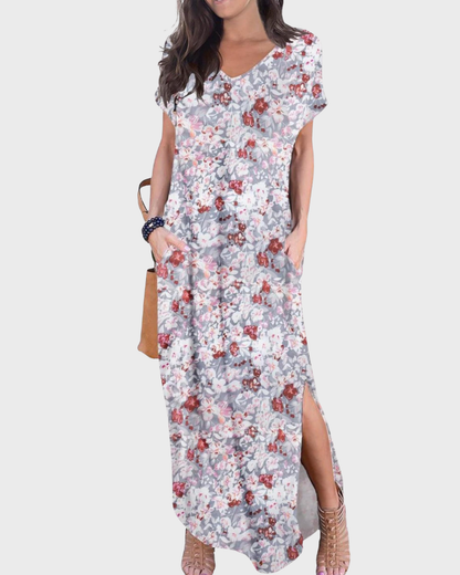 Rosenda Robe Maxi Femme – Col V Manches Courtes, Coupe Fluide & Fente avec Poches Été