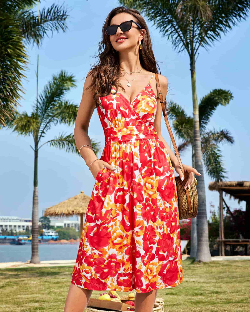 Robe Midi Femme en tissu léger, col V, coupe confortable – Menvelo