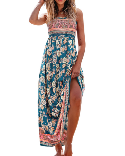 Jheda Robe Longue Femme – Robe Maxi Fleurie Smockée Bretelles Fines Volants Bohème Chic Été