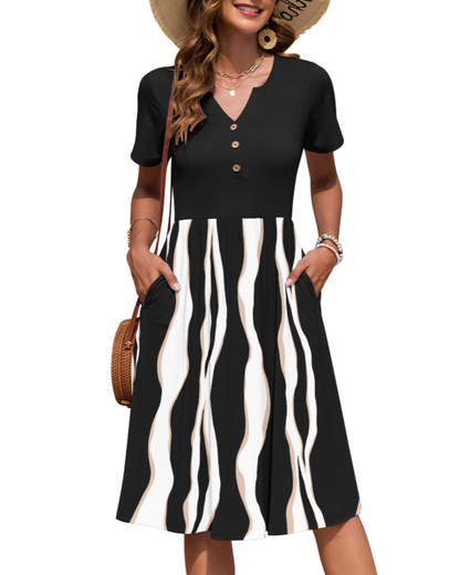 Ester Robe Femme – Robe Été Mi-Longue Col V Manches Courtes Boutonnée Taille Empire Poches