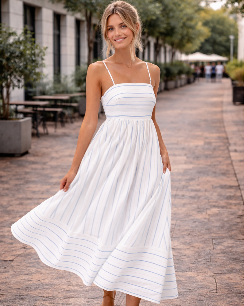 Reina Robe Maxi Femme – Col Carré Bretelles Fines Rayures, Coupe A-Line & Dos Smocké avec Poches
