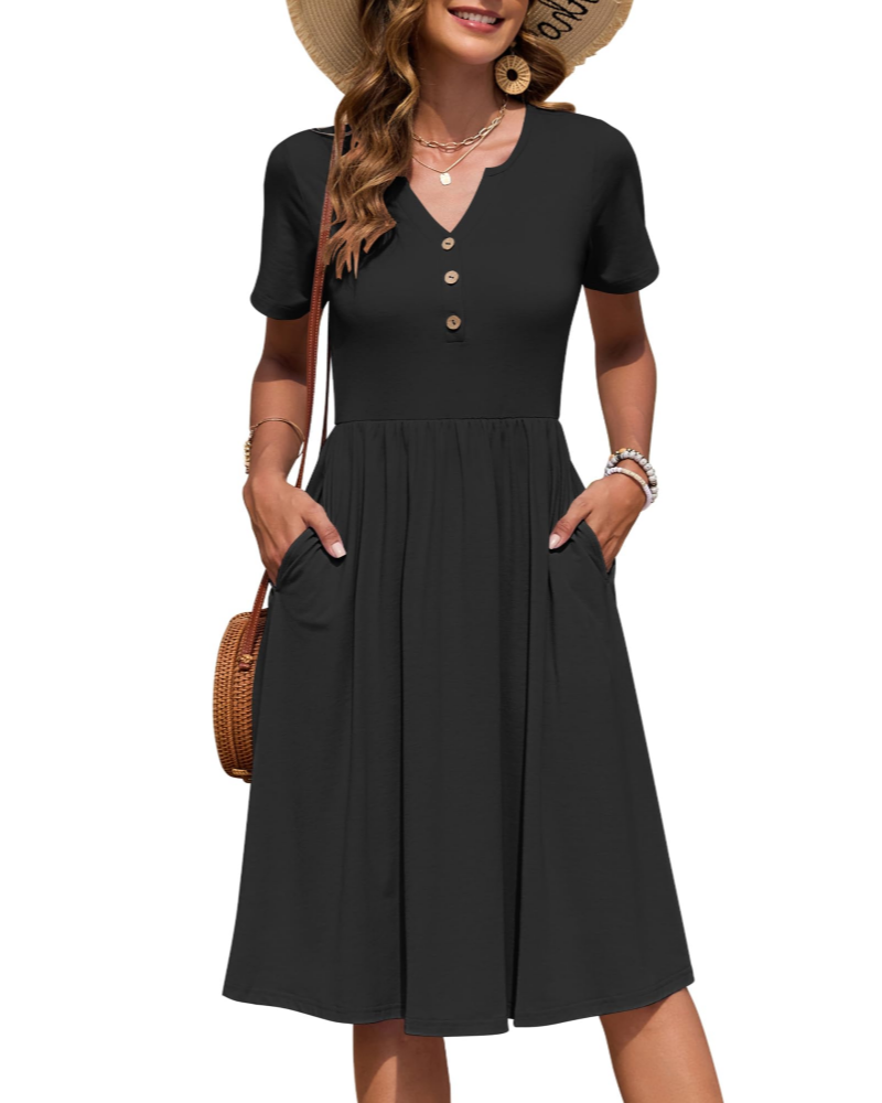 Ester Robe Femme – Robe Été Mi-Longue Col V Manches Courtes Boutonnée Taille Empire Poches