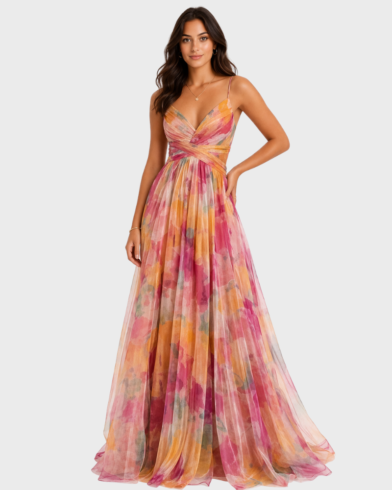 Jerline Robe Longue Femme – Imprimé Floral, Bretelles Fines & Coupe Fluide Élégante