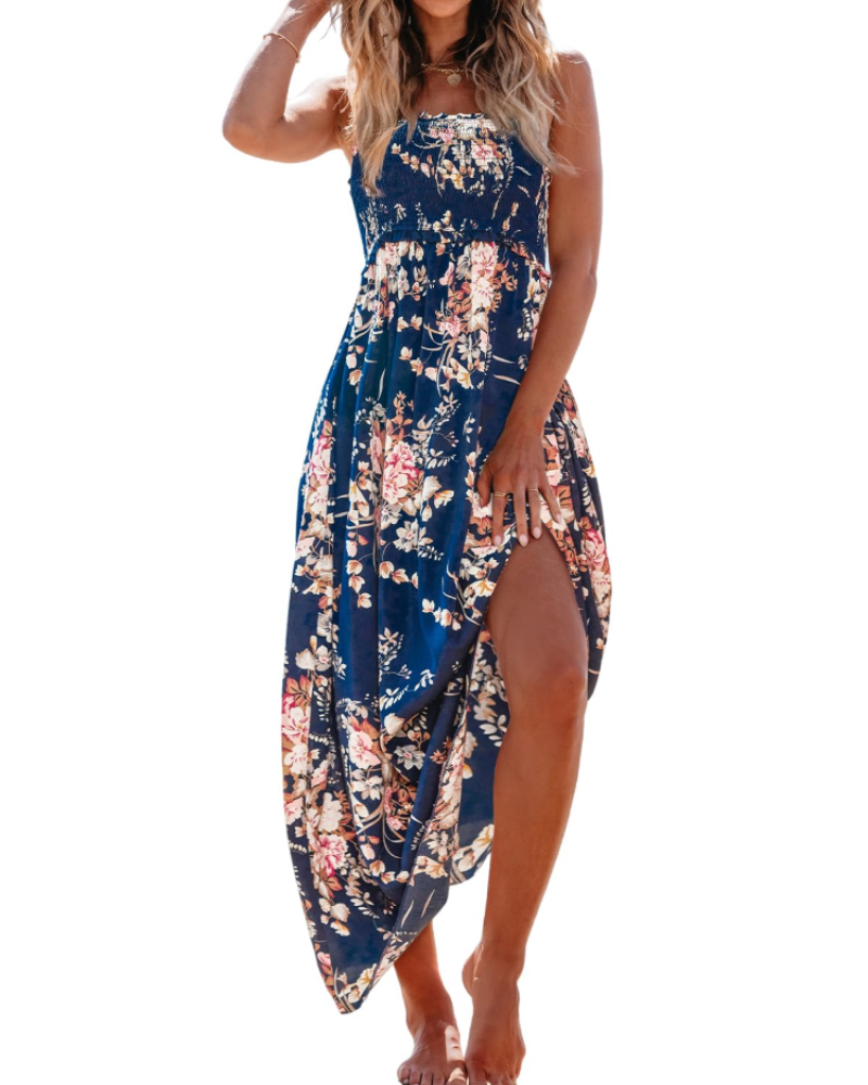 Jheda Robe Longue Femme – Robe Maxi Fleurie Smockée Bretelles Fines Volants Bohème Chic Été