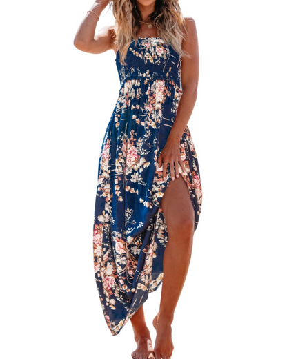 Jheda Robe Longue Femme – Robe Maxi Fleurie Smockée Bretelles Fines Volants Bohème Chic Été
