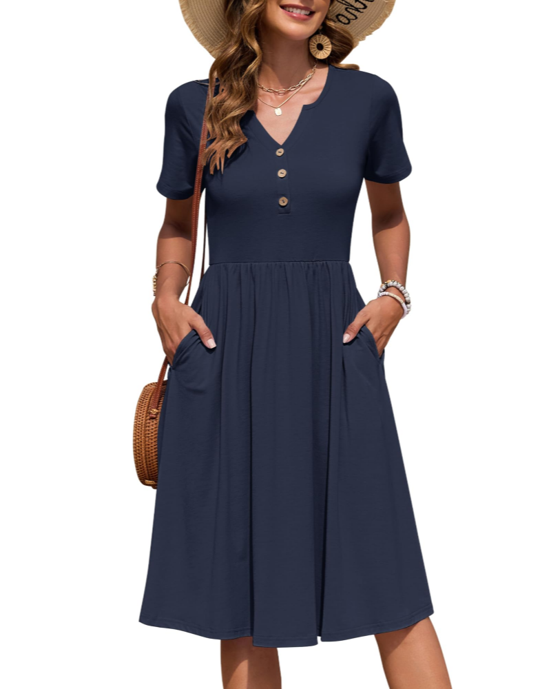 Ester Robe Femme – Robe Été Mi-Longue Col V Manches Courtes Boutonnée Taille Empire Poches