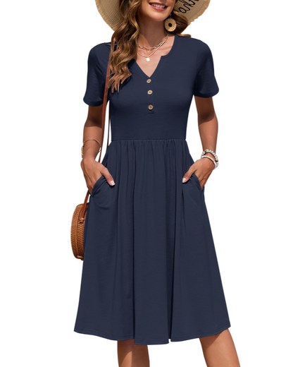 Ester Robe Femme – Robe Été Mi-Longue Col V Manches Courtes Boutonnée Taille Empire Poches