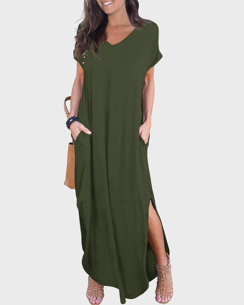 Rosenda Robe Maxi Femme – Col V Manches Courtes, Coupe Fluide & Fente avec Poches Été