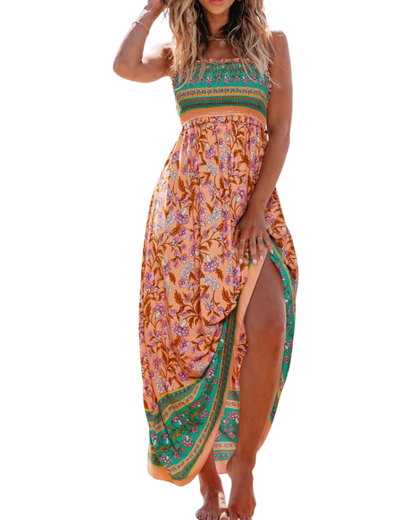 Jheda Robe Longue Femme – Robe Maxi Fleurie Smockée Bretelles Fines Volants Bohème Chic Été