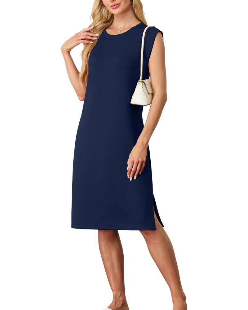 Robe Midi Femme en tissu léger, col rond, coupe fluide – Menvelo