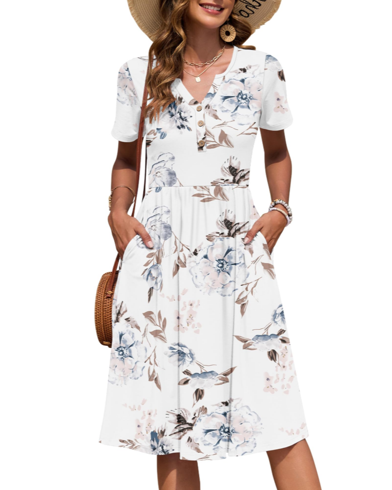 Ester Robe Femme – Robe Été Mi-Longue Col V Manches Courtes Boutonnée Taille Empire Poches