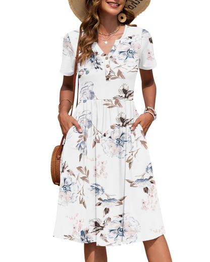 Ester Robe Femme – Robe Été Mi-Longue Col V Manches Courtes Boutonnée Taille Empire Poches
