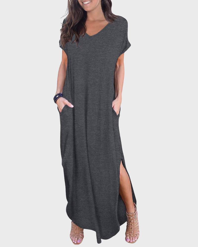 Rosenda Robe Maxi Femme – Col V Manches Courtes, Coupe Fluide & Fente avec Poches Été