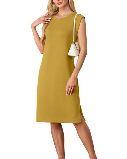 Robe Midi Femme en tissu léger, col rond, coupe fluide – Menvelo