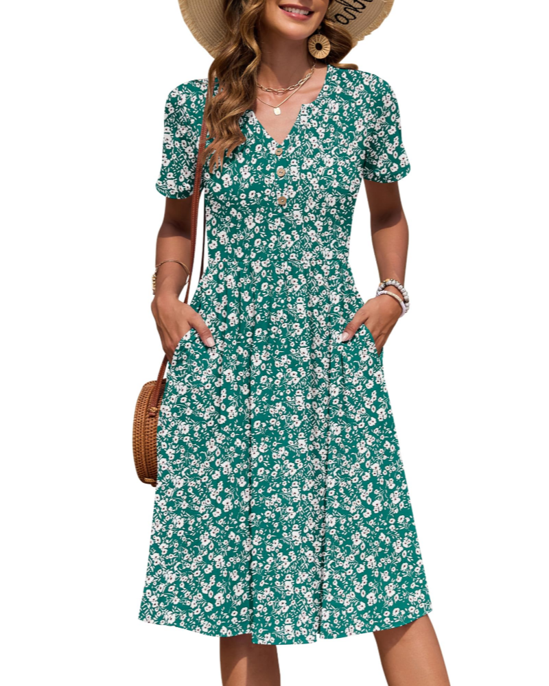 Ester Robe Femme – Robe Été Mi-Longue Col V Manches Courtes Boutonnée Taille Empire Poches
