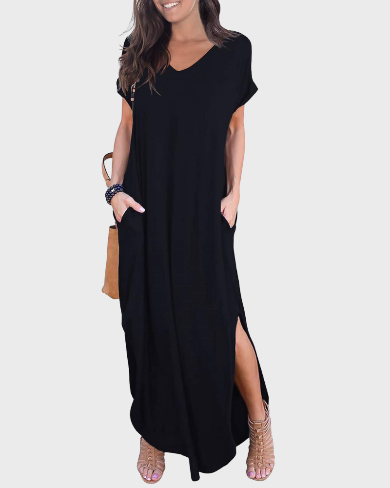 Rosenda Robe Maxi Femme – Col V Manches Courtes, Coupe Fluide & Fente avec Poches Été