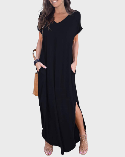 Rosenda Robe Maxi Femme – Col V Manches Courtes, Coupe Fluide & Fente avec Poches Été