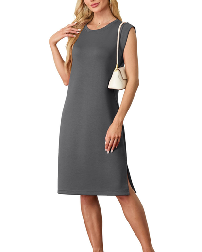 Robe Midi Femme en tissu léger, col rond, coupe fluide – Menvelo