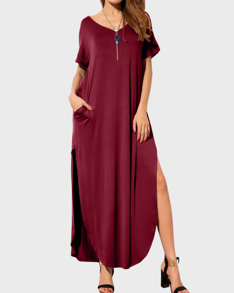 Rosenda Robe Maxi Femme – Col V Manches Courtes, Coupe Fluide & Fente avec Poches Été