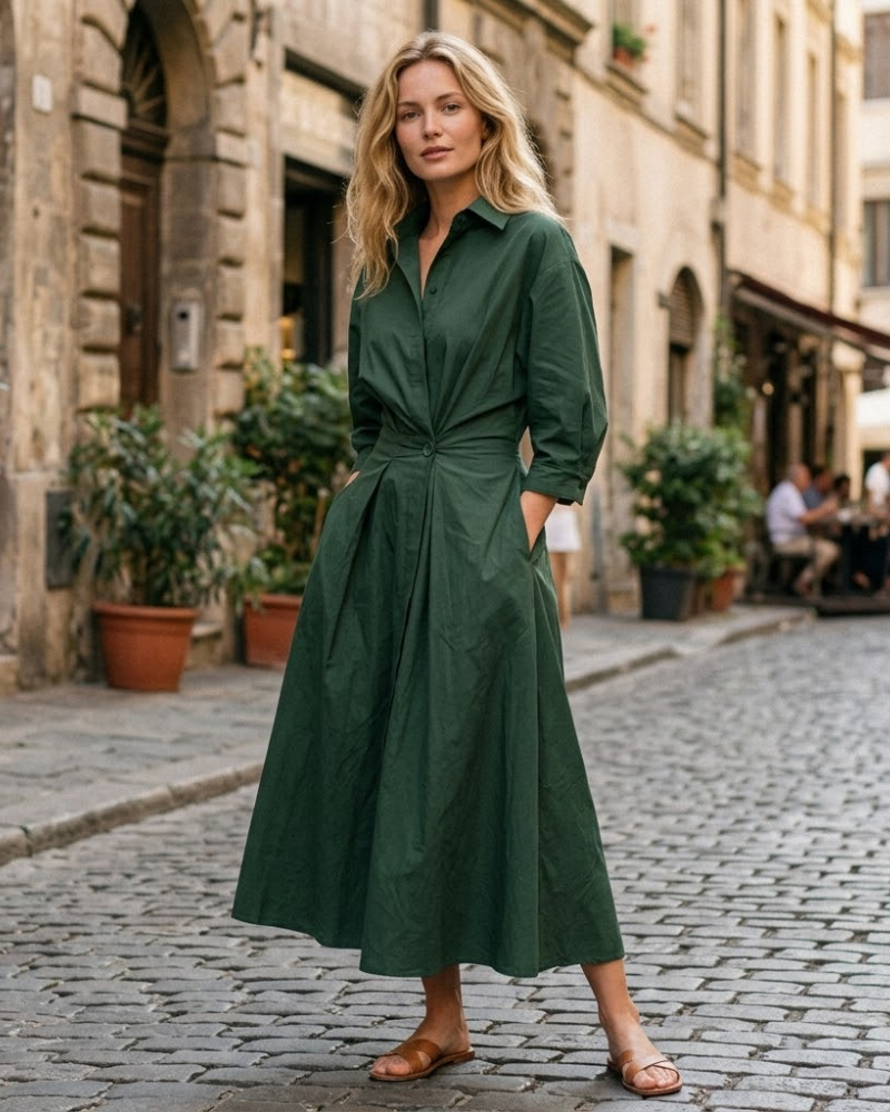 Sophie Robe Chemise Maxi – Robe Longue Col Chemise Taille Smockée Élégante Femme