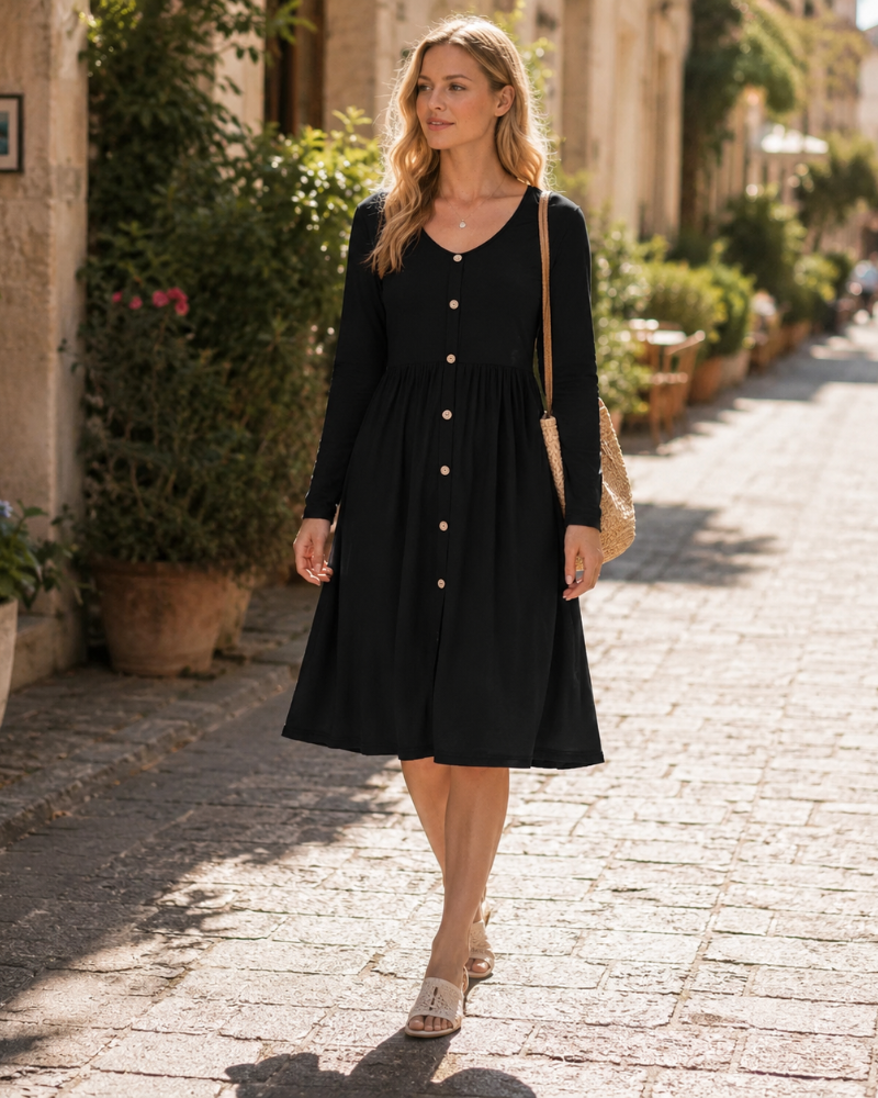 Robe Midi Femme en tissu léger, manches longues, coupe fluide – Menvelo