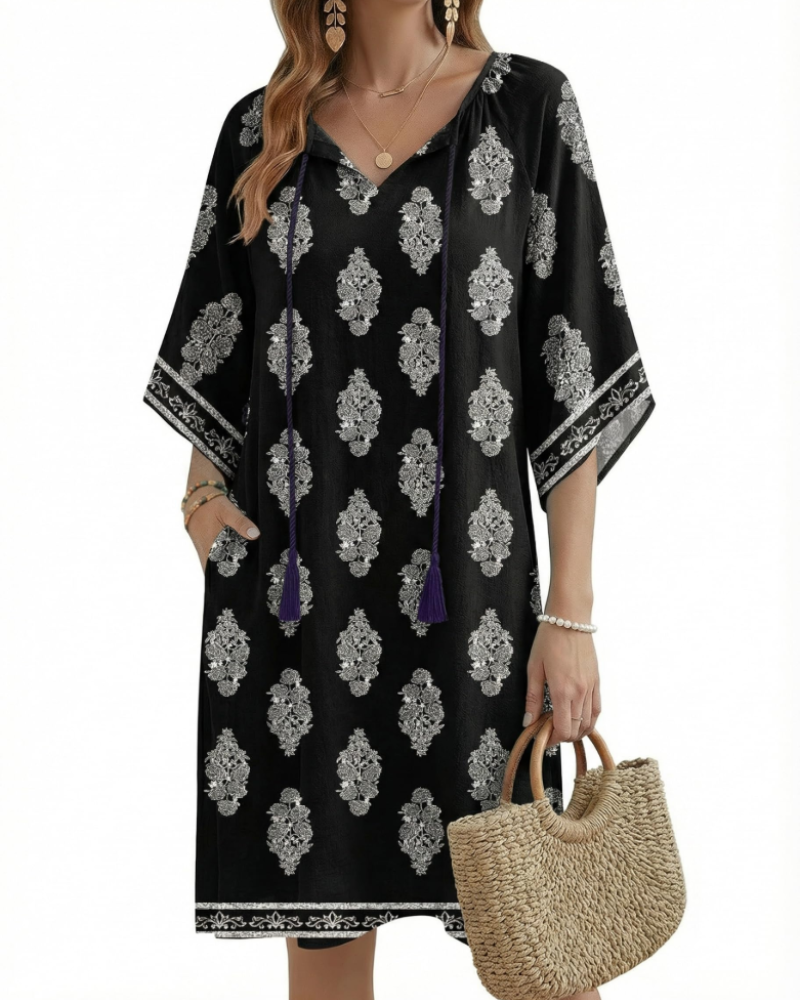 Robe Midi Femme en tissu léger, col V, coupe ample – Menvelo