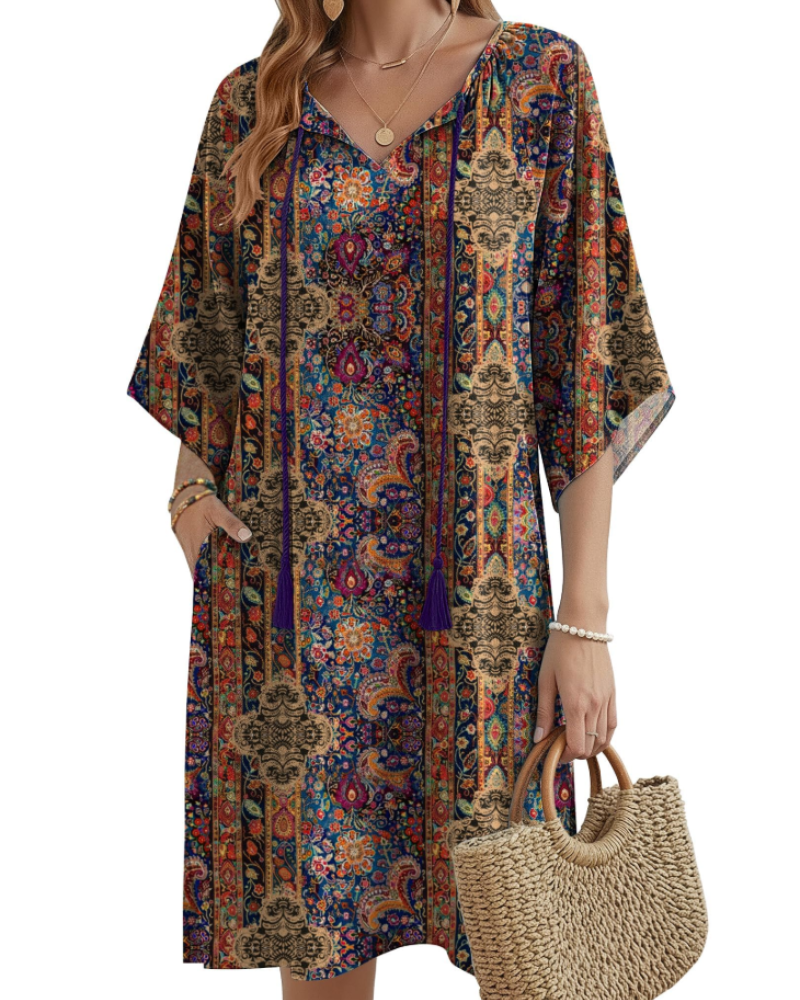 Robe Midi Femme en tissu léger, col V, coupe ample – Menvelo