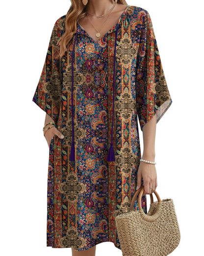 Robe Midi Femme en tissu léger, col V, coupe ample – Menvelo