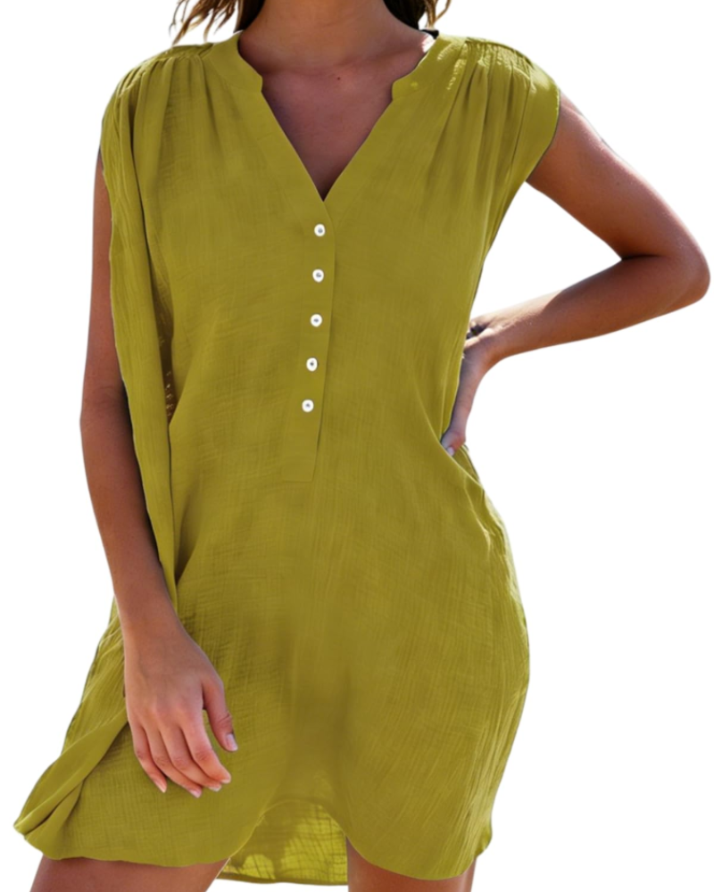 Robe Midi Femme en lin, col V, coupe ample – Menvelo