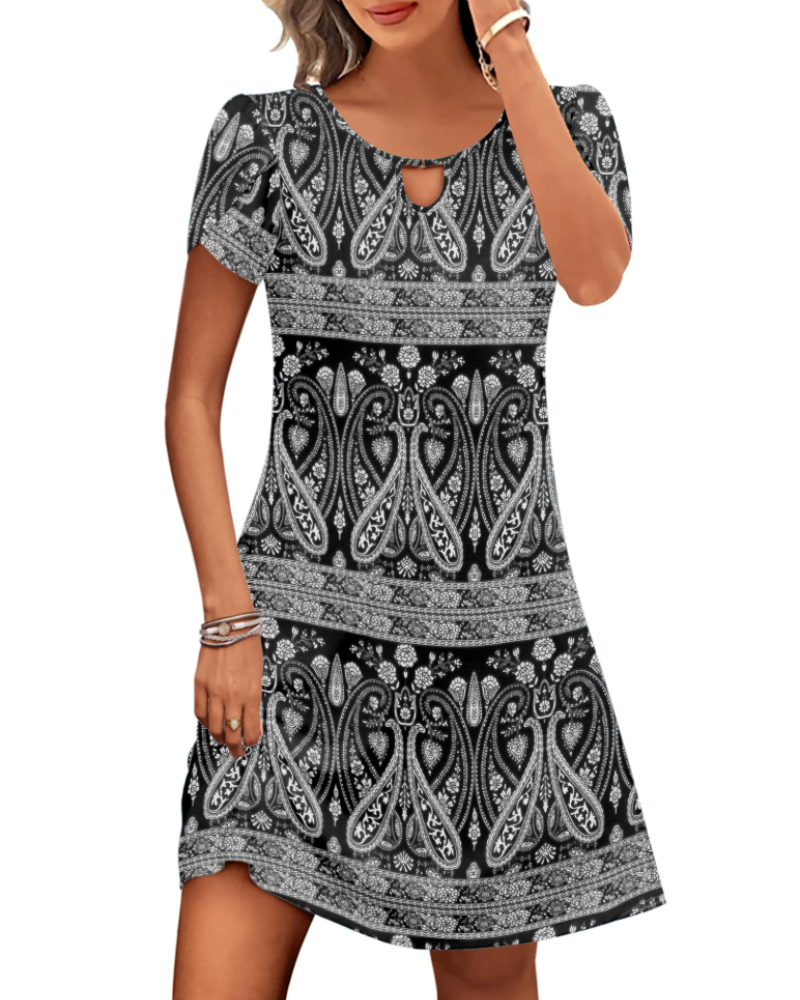 Robe Midi Femme en tissu léger, col rond, coupe fluide – Menvelo