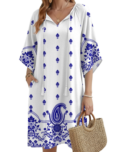 Robe Midi Femme en tissu léger, col V, coupe ample – Menvelo