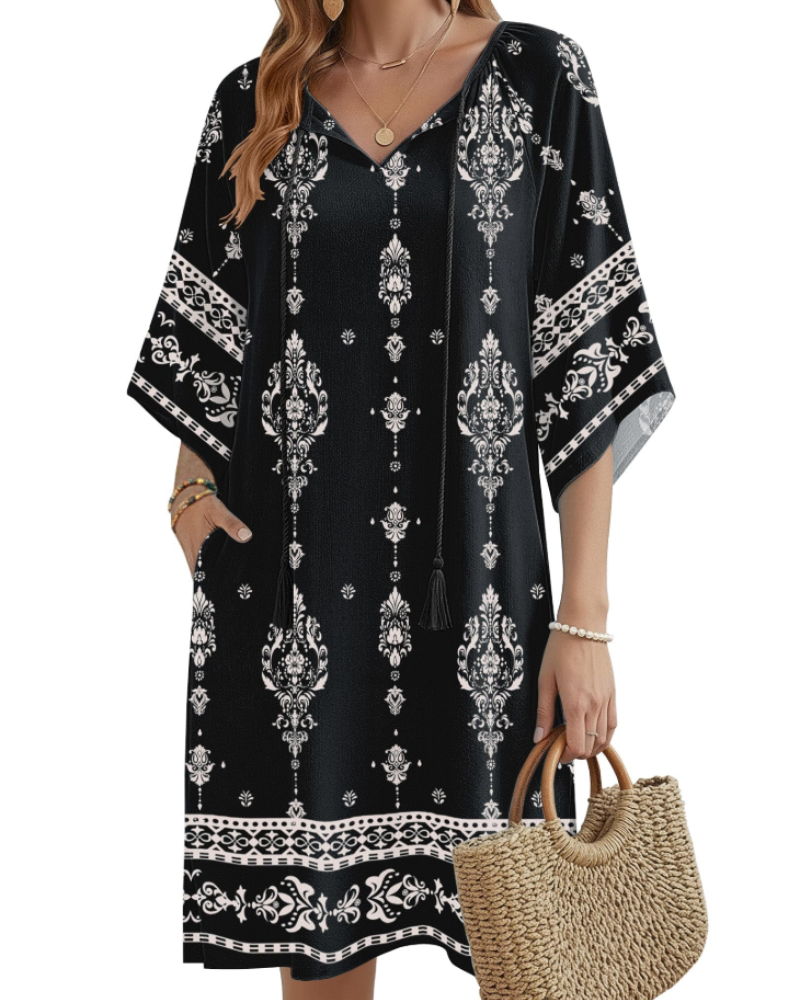 Robe Midi Femme en tissu léger, col V, coupe ample – Menvelo