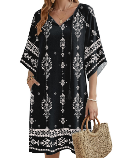 Robe Midi Femme en tissu léger, col V, coupe ample – Menvelo