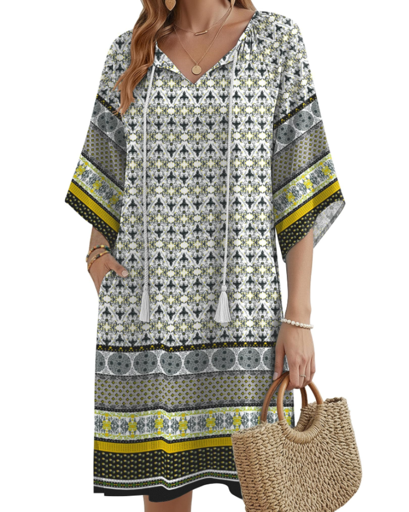 Robe Midi Femme en tissu léger, col V, coupe ample – Menvelo